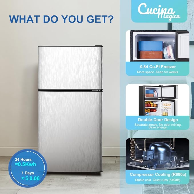3.2 Cu.Ft Mini Fridge with Freezer, 7-Level Cooling Small Refrigerator | Energy Efficient Low Noise, Double Door Compact Fridge for Dorm, Bedroom, Office - Silver - Image 3