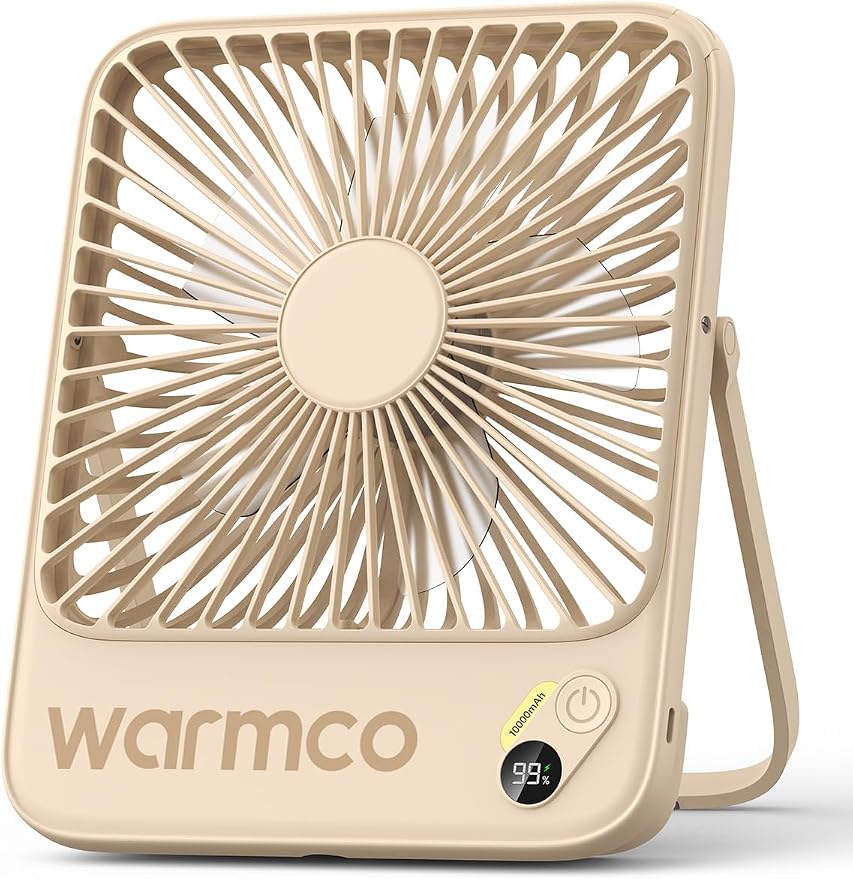 Warmco 10000mAh Portable Travel Fan 7-inch, Max 24H Runtime, Ultra-thin Quiet Rechargeable Battery Operated Desk Fan with Digital Display for Camping, Office, Bedroom, Cruise Essentials by Warmwinterscoolsummers