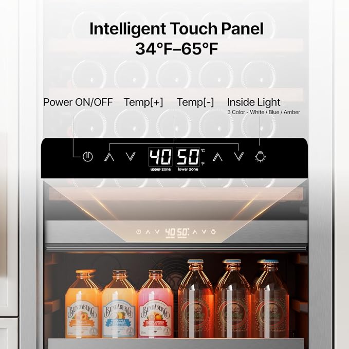 Ca'Lefort 24 Inch Dual Zone Wine & Beverage Center, 185 Can & 77 Bottle | 69-Inch Tall Wine Cellar, Quiet Inverter Compressor, 40-65°F Temperature Control, Display Shelf, Glide-Out Shelves & Drawer - Image 3