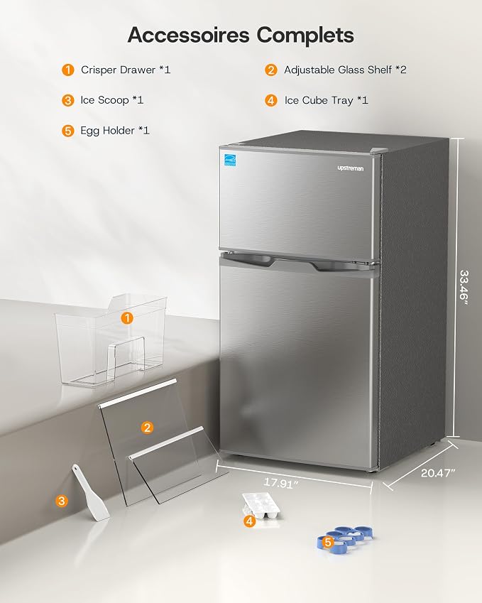 Upstreman 3.1 Cu.Ft Mini Fridge with Freezer, Double Door Small Refrigerator, Adjustable Thermostat, Energy Star Certified Low Noise Mini Refrigerator for Bedroom, Dorm, Apartment Silver-TM31 - Image 2