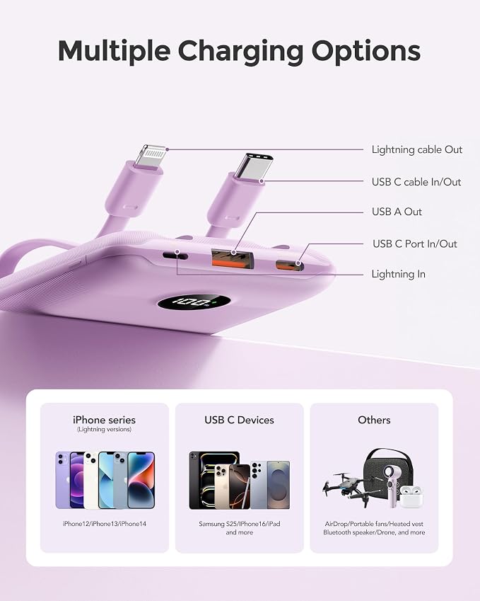 Mini Portable Charger with Built-in Cables 22.5W Fast Charging Power Bank USB-C Small Battery Pack 10000mAh Travel Essential Slim Battery for iPhone 17/16/15/14, Samsung 25/24, and More - Image 6
