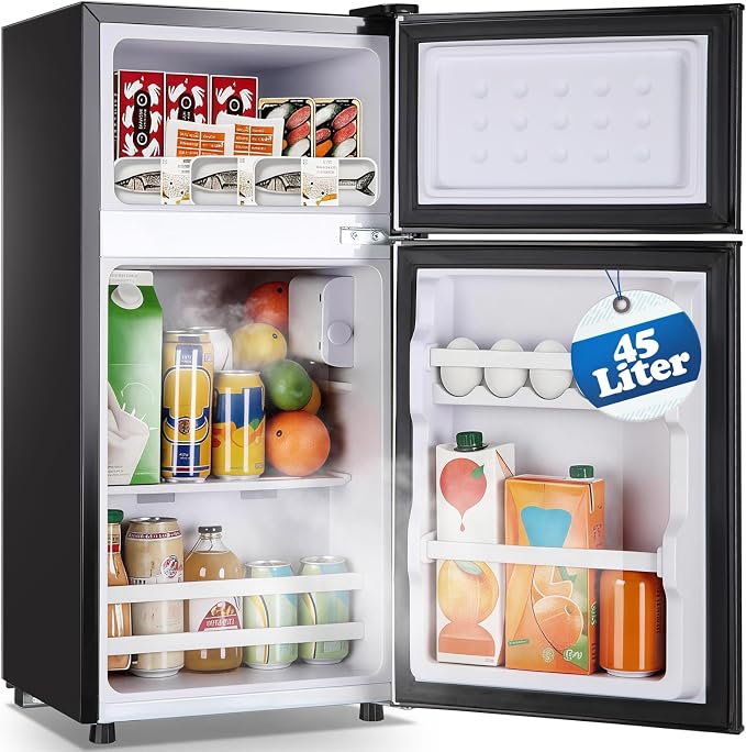 Mini Fridge with Separate Freezer Compartment Double Door Small Refrigerator with 7 Adjustable Temp Control Ideal for One Person Use & Dorm Apartment Office Black by DEMULLER