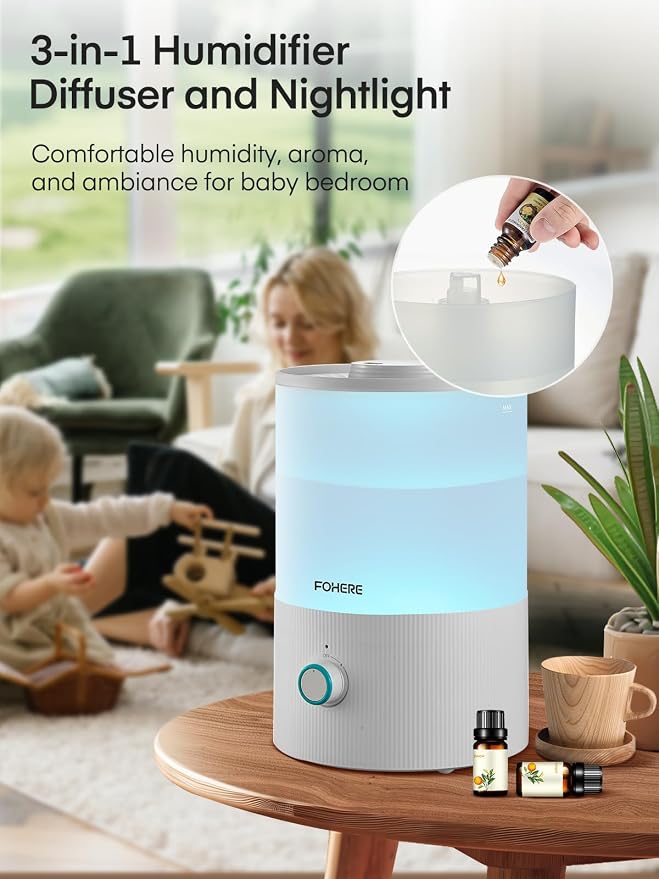 FOHERE Humidifier for Bedroom Baby, 3.2L Top Fill Cool Mist Humidifiers for Nursery, Home, 28H Ultra Quiet Runtime, Auto Shut-Off, Soft 7-Color Night Light, BPA-Free, Essential Oil Tray, White - Image 4