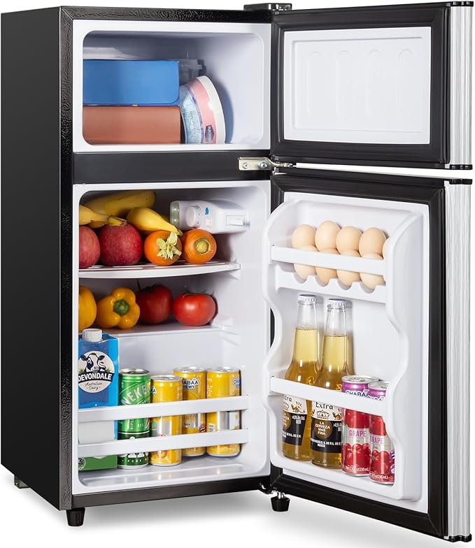 3.2 Cu.Ft Mini Fridge with Freezer, 7-Level Cooling Small Refrigerator | Energy Efficient Low Noise, Double Door Compact Fridge for Dorm, Bedroom, Office - Silver by CucinaMagica