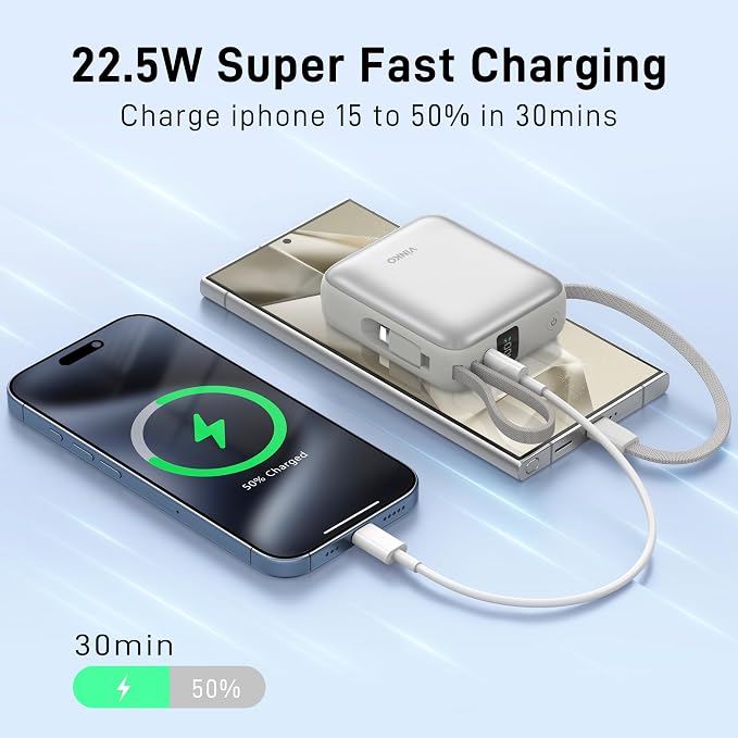 VINKO Small Portable Charger, 22.5W Fast Charging Mini Power Bank 10000mAh with Built-in Cables, Travel Essential USB-C Battery Pack Compatible with iPhone 17/16/15, Samsung S25/24, Android (White) - Image 4