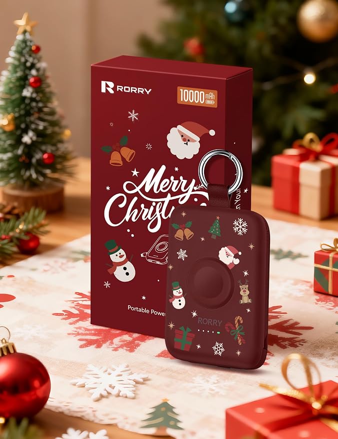 RORRY Portable Charger, 10000mAh PD 20W Fast Charging Portable Charger Power Bank with Built in Cables, Travel Battery Pack for iPhone and Apple Watch Ultra/11/10/9/8/7/6/5, Christmas Red - Image 6