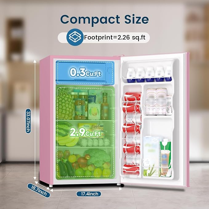 Mini Fridge with Freezer 3.2 Cu.Ft for Bedroom and Office Pink | Single Door, Small Refrigerator, Energy-efficient, Low Noise, Mini fridge for Dorm - Image 2