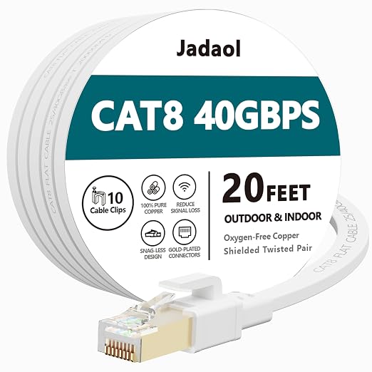 Jadaol Cat 8 Ethernet Cable 20 ft, 40Gbps 2000MHz Flat RJ45 S/FTP LAN Patch by Jadaol