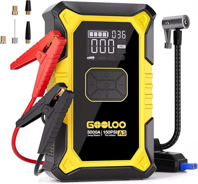 GOOLOO A3 Jump Starter with Air Compressor, 3000A Portable Car Battery Jumper Starter (9.0L Gas/6.5L Diesel) with 150PSI Auto-Shutoff Tire Inflator, 12V Supersafe Lithium Jump Box Car Booster, Yellow by GOOLOO
