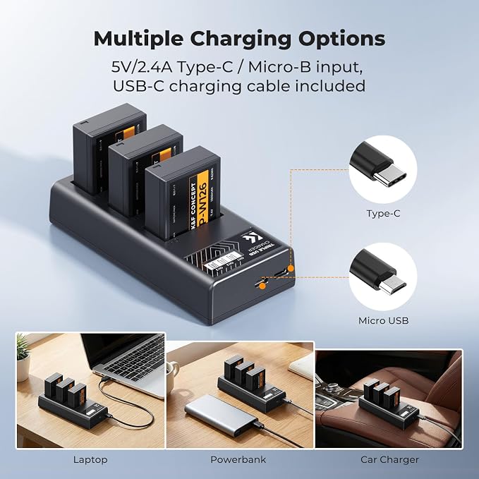 K&F CONCEPT 3-Pack NP-W126 Battery and Upgraded 3-Slot NP-W126S XT30III Battery - Image 5
