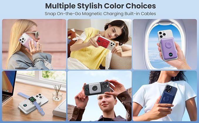 Magnetic Portable Charger for MagSafe with Built-in Cable,iWatch Charger,10800mAh Wireless Power Bank Travel Essentials,25W PD Fast Charging Battery Pack for iPhone 17/16/15/14/13/12,Apple Watch-Pink - Image 8