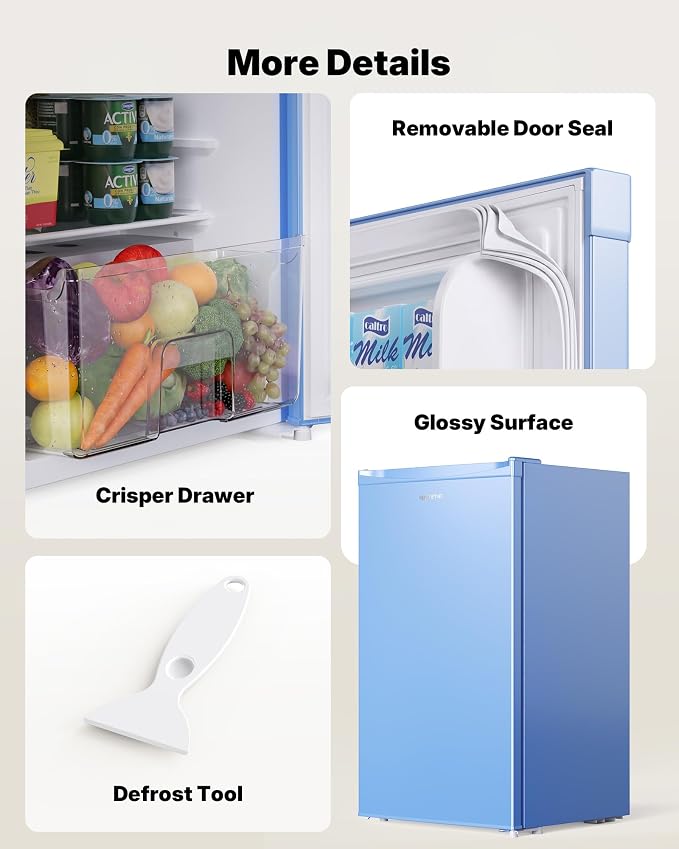 Upstreman 3.2 Cu.Ft Mini Fridge with Freezer, Blue-BR321 | Adjustable Thermostat, Energy Saving, Low Noise, Reversible Door, Small Refrigerator for Dorm, Bedroom, Office - Image 7