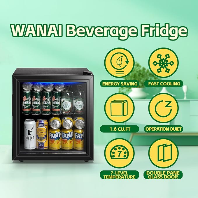 Beverage Refrigerator Cooler 1.6 Cu.Ft 60 Can Mini Small Fridge Black | Large Capacity with Glass Door, LED Light & Adjustable Shelves for Soda Beer Wine, Perfect for Home Bar Office - Image 2