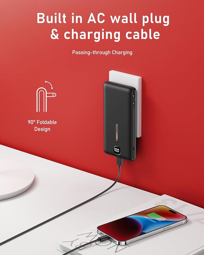 VEEKTOMX Portable Charger with Built in Cables 10000mAh, Power Bank for iPhone with AC Wall Plug, Fast Charging USB C Slim Battery Pack with LED Display Compatible with iPhone 17/16/15/14, Samsung - Image 2