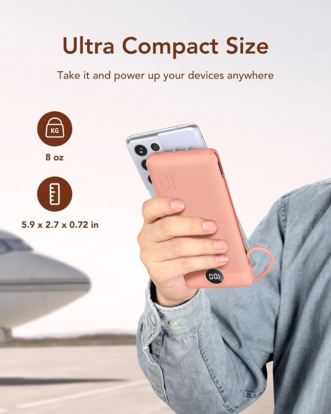VEGER Portable Charger with Built-in AC Plug and Cables, All in One 10000mAh Ultra Slim Power Bank Travel Essentials, Fast Charging Battery Pack Compatible with iPhone, Samsung, More(Dark Pink) - Image 11
