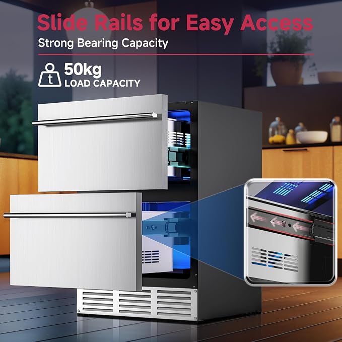 24 Inch Under Counter Drawer Fridge, Stainless Steel Beverage Refrigerator Built-In For Home & Commercial Use, Stainless Steel Silver, Outdoor Refrigerator for Soda, Beer, Wine - Image 2