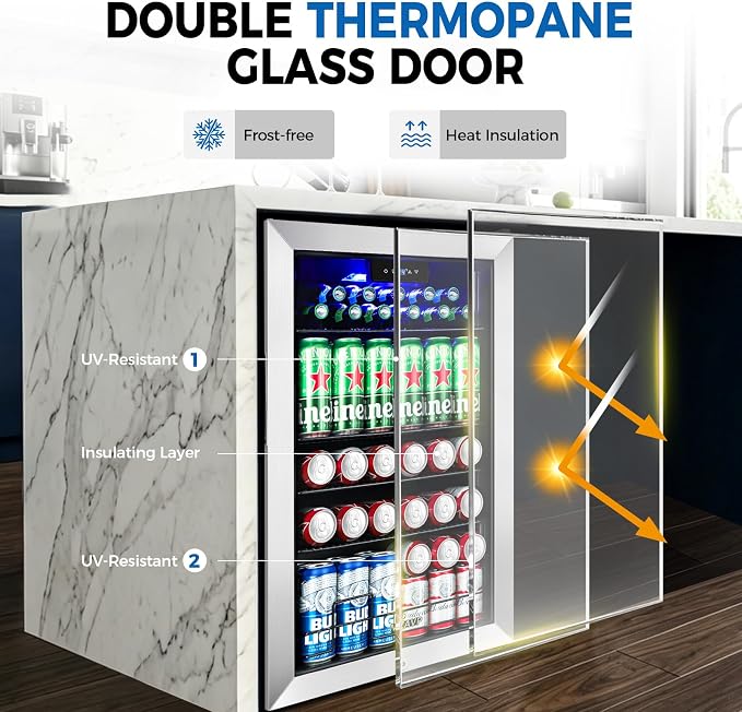 20 Inch Beverage Refrigerator Cooler, 145 Cans Mini Fridge with Glass Door&Lock, Small Drink Cooler Freestanding/Counter-Top for Soda, Beer with LED Light for Home Bar Office - 3.4 Cu.Ft, Silver - Image 4