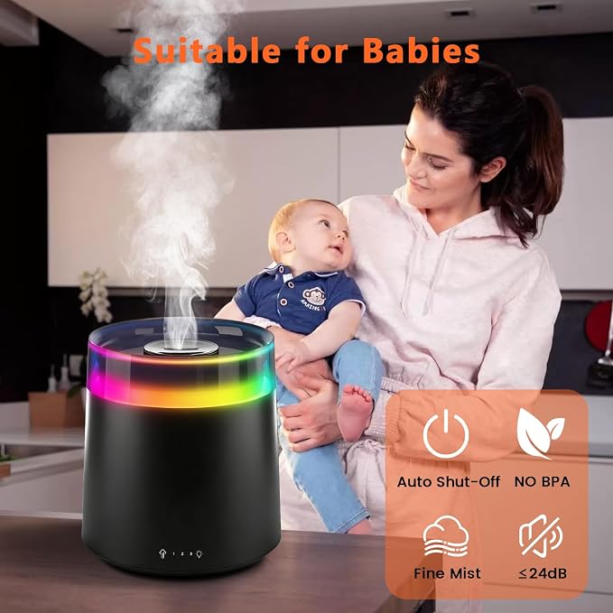 Humidifiers for Bedroom Home,3L Top Fill Cool Mist Humidifier for Baby Nursery,Essential Oil Diffuser for Large Room,3 in 1 Quiet Ultrasonic Humidifier for,Office,Plant,Nursery,BPA FREE(Black) - Image 2