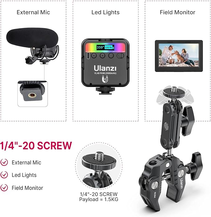 ULANZI Super Clamp Camera Clamp Mount Monitor 360° Ballhead Magic Arm Double - Image 7