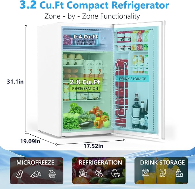 COWSAR 3.2 Cu.Ft Mini Fridge with Freezer for Bedroom Dorm, White | Single Reversible Door, 7 Temperature Settings, Energy Saving, 2 Removable Glass Shelves, Small Refrigerator for Apartment - Image 2