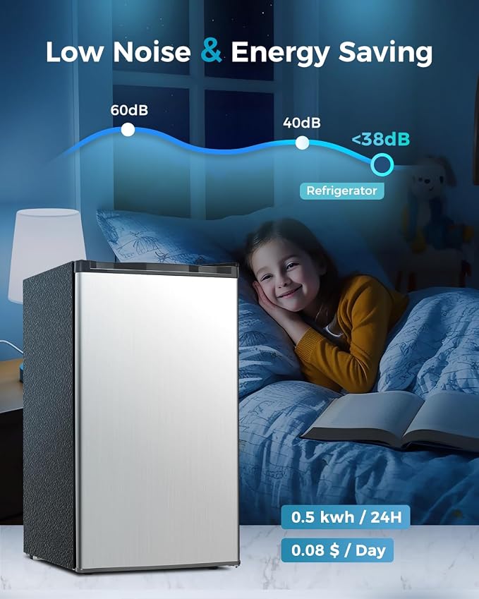 Feelfunn Mini Fridge with Freezer - 3.2 Cu.Ft Single Door Mini Refrigerator with Adjustable Thermostat, Energy Saving, Low Noise, Small Fridge for Bedroom, Office, Dorm, Apartment, Classroom - Silver - Image 4