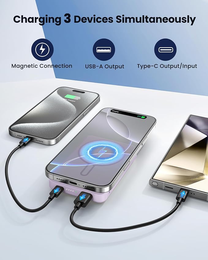 for Magsafe Battery Pack 12000mAh Magnetic Power Bank Portable Charger USB C 20W Fast Charging Wireless Charger Travel Essential for iPhone 16/15/14/13/12 Series Purple - Image 5
