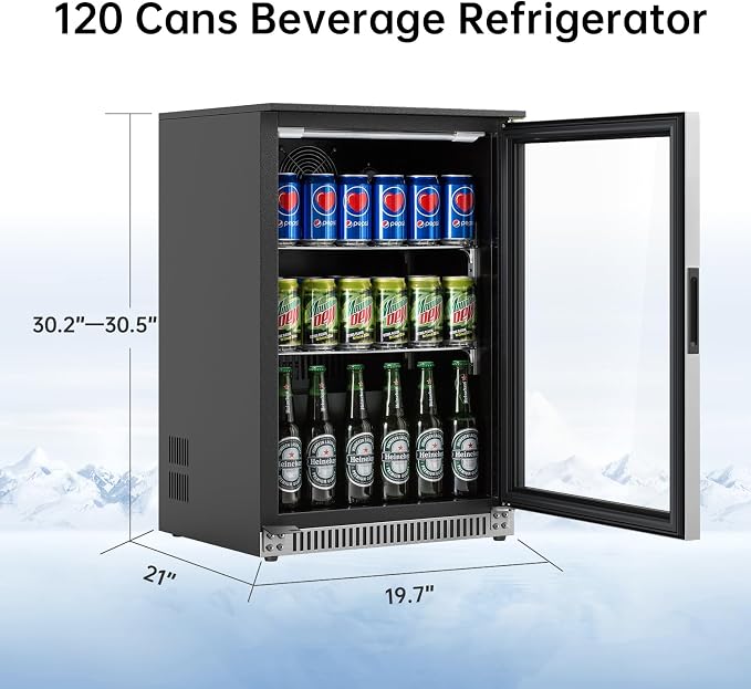 Weili 20 Inch Under Counter Beverage Refrigerator with Glass Door, 120 Can | Built-in/Freestanding, Lock, 3.2 Cu.Ft, Stainless Steel, Adjustable Shelves, Beer Soda Drink Fridge, for Home Bar Office - Image 2