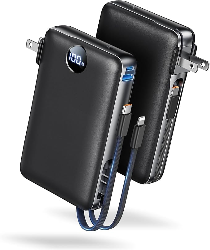 Power Bank, 50000 mAh Portable Charger with Built in Cable & Wall Plug, 22.5W Fast Charging, Travel Essential Battery Pack with LED Display for iPhone 17/16/15/14 Series, Galaxy, iPad Black by Unknown