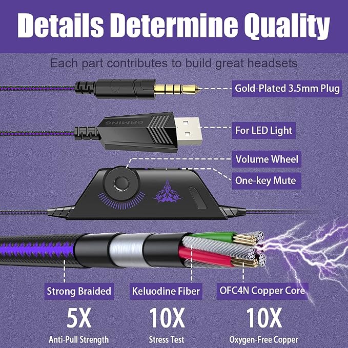 BENGOO G9000 Stereo Gaming Headset for PS5, PS4, PC, Xbox One Controller, Noise Cancelling Over Ear Headphones with Mic, LED Light, Bass Surround, Soft Memory Earmuffs - Purple - Image 5