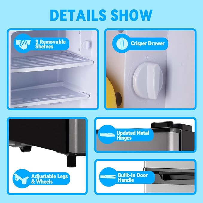 Mini Fridge with Freezer 2.4 Cu.ft Mini Refrigerator Double Doors Dorm Fridge Compact 7 Modes Temp Suit for Apartment Bedroom Office Silver - Image 6