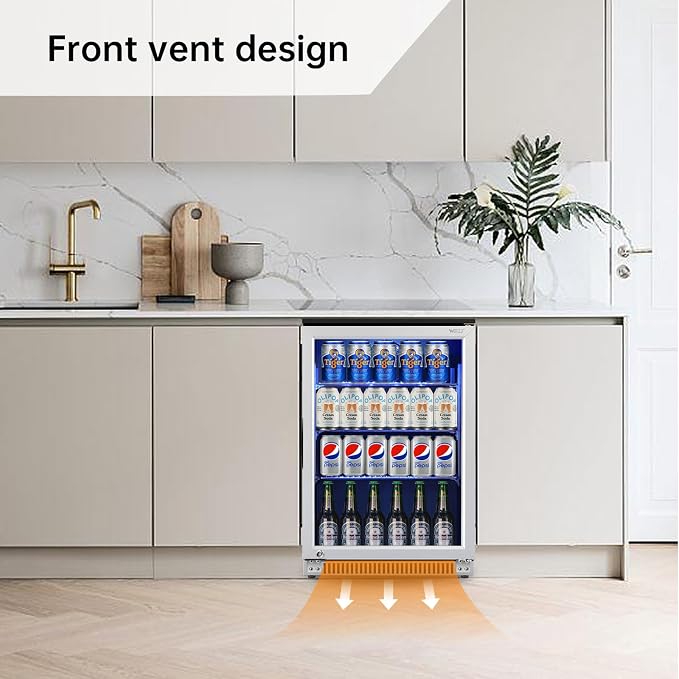 Weili 20 Inch Under Counter Beverage Refrigerator with Glass Door, 120 Can | Built-in/Freestanding, Lock, 3.2 Cu.Ft, Stainless Steel, Adjustable Shelves, Beer Soda Drink Fridge, for Home Bar Office - Image 4