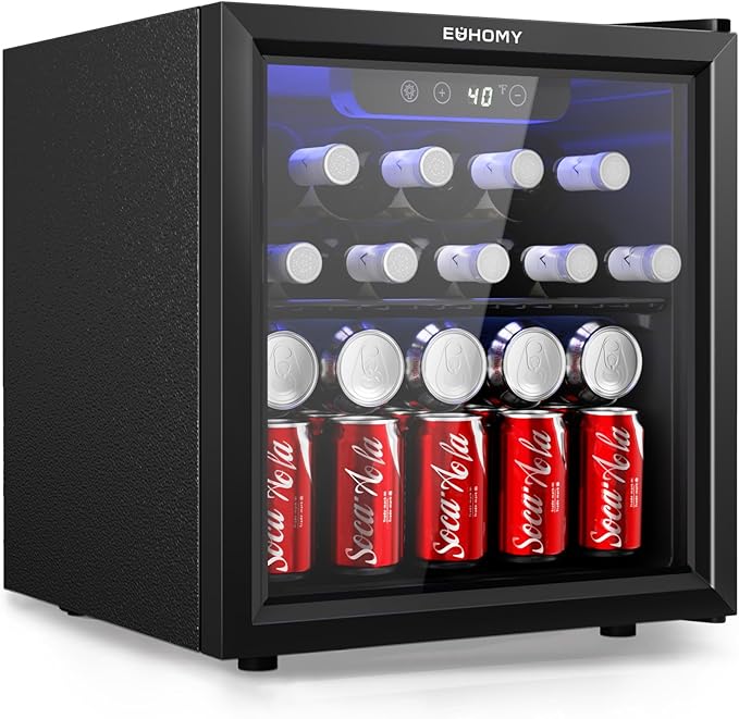 EUHOMY 48 Can Beverage Refrigerator cooler-Mini Fridge Glass Door for Beer Drinks Wines, Countertop Beverage Fridge with Adjustable Shelves Blue LED for Home/Office/Dorm/Bar, 1.3 cu.ft by EUHOMY