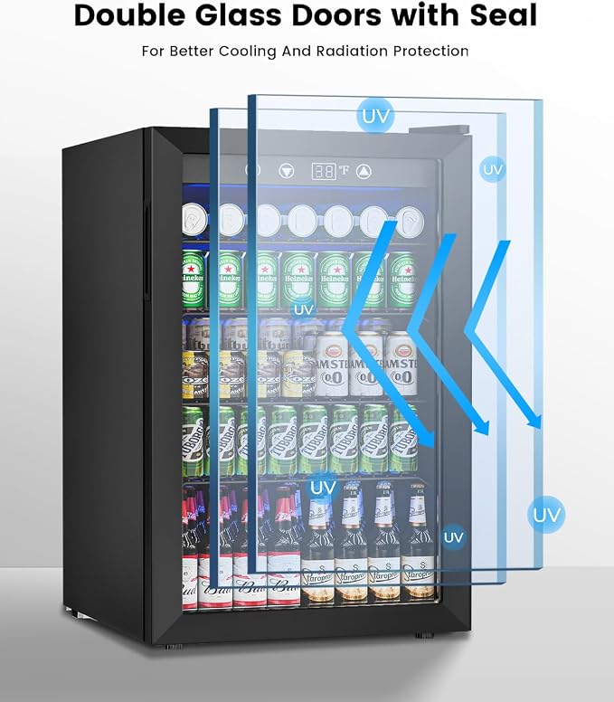 Feelfunn 4.5Cu.Ft Beverage Refrigerator 145Can Mini Fridge Glass Door Black | 32-61°F temp range, ultra-quiet <42dB, holds 145 cans, 4 adjustable shelves. Ideal for bedroom, office, home bar - Image 7