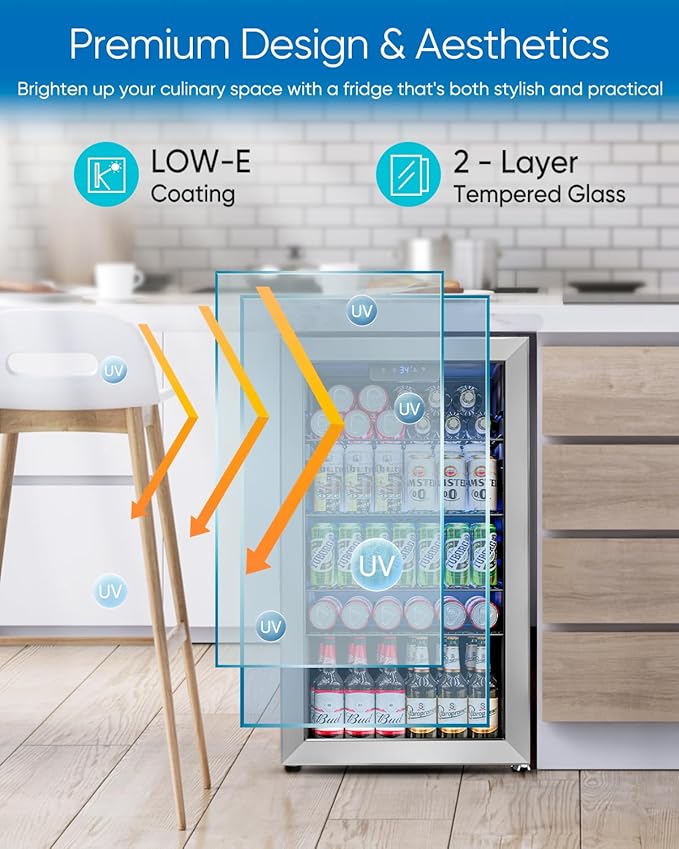 Feelfunn 3.2 Cu.Ft Mini Fridge with Glass Door - 126 Can Beverage Refrigerator Cooler for Drink Beer Wine Soda, Small Refrigerator for Bedroom Office Bar Dorm, 4 Adjustable Shelves, Silver - Image 5