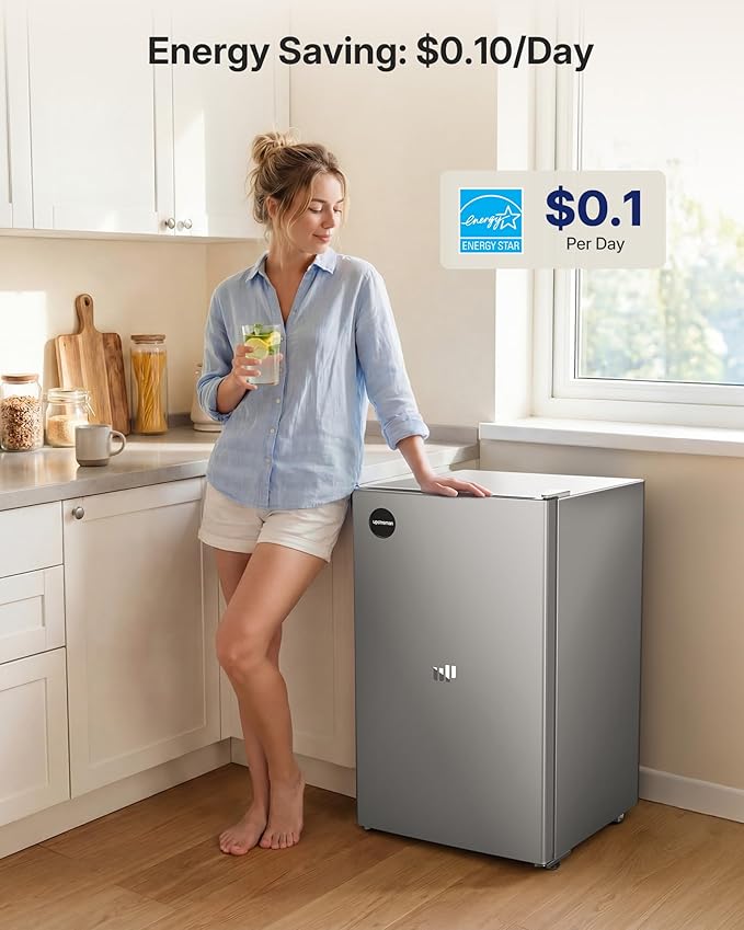 Upstreman 3.2 Cu.Ft All-Refrigerator Mini Fridge, Silver-CR32 | Premium Silver Finish, 7-Level Thermostat, ENERGY STAR Certified, Reversible Door, Small Fridge for Office, Bedroom or Dorm - Image 3