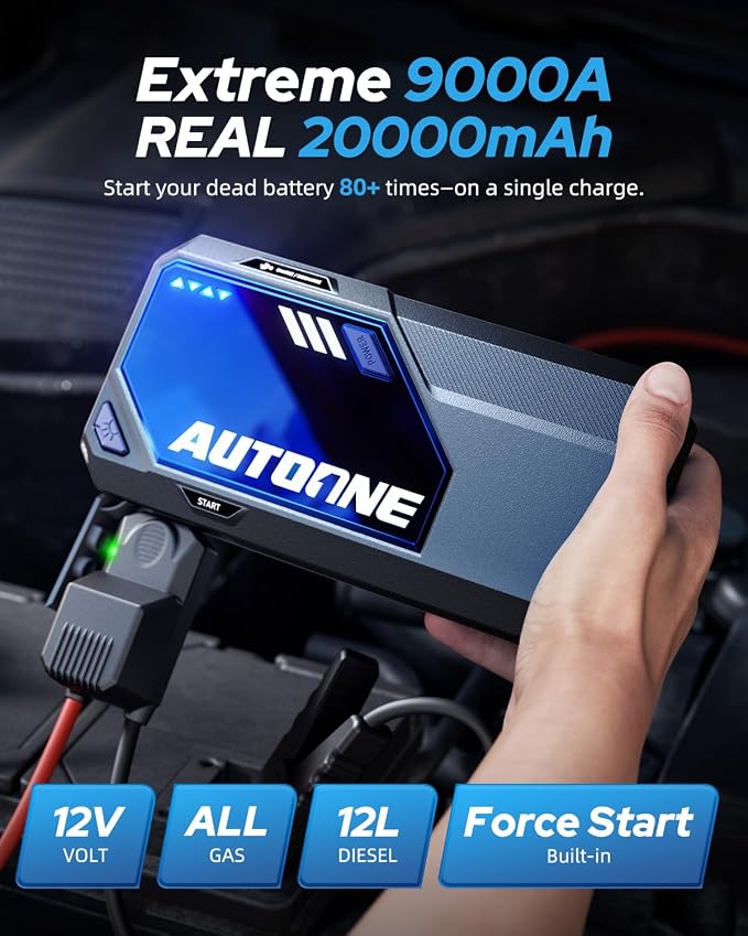 AUTOONE M5 9000A Car Jump Starter 12V Battery Jumper Starter Portable (All Gas/All Diesel) 168W DC Jump Box for Car Battery with Built-in Booster, Type-C Fast Charge & Jumper Cables Jump Pack - Image 2