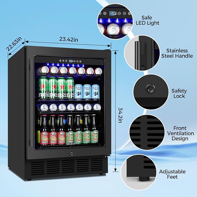 24 Inch Beverage Refrigerator Under Counter, Drink Fridge 180 Cans Large Capacity with Glass Door, 38dB Whisper Quiet Beverage Cooler Built-in for Home Bar Office, Memory Function for Beer Soda, Black - Image 6