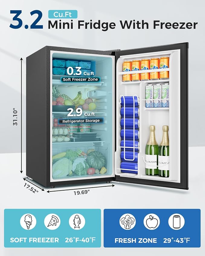 Feelfunn Mini Fridge with Freezer - 3.2 Cu.Ft Single Door Mini Refrigerator with Adjustable Thermostat, Energy Saving, Low Noise, Small Fridge for Bedroom, Office, Dorm, Apartment, Classroom - Silver - Image 2