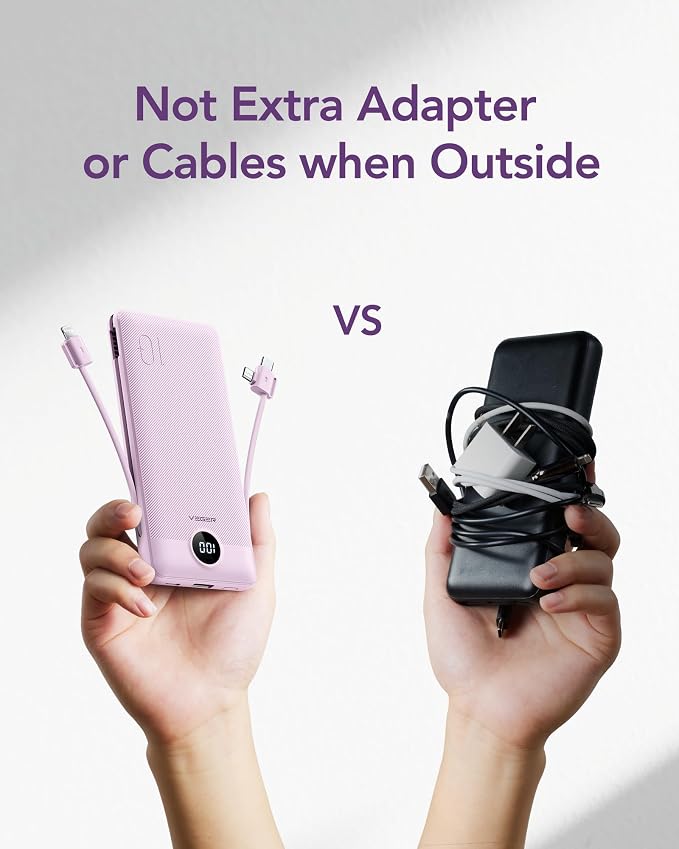 VEGER Portable Charger with Built-in AC Plug and Cables, All in One 10000mAh Ultra Slim Power Bank Travel Essentials, Fast Charging Battery Pack Compatible with iPhone, Samsung, Android (Purple) - Image 7