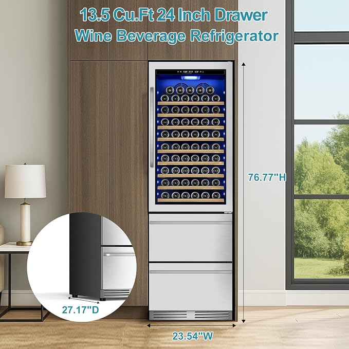 Wine and Beverage Refrigerator, 24'' Dual Zone Wine Fridge with Dual Drawers, Holds 160 Cans and 120 Bottles, Reversible Door, Built-In or Freestanding, Beverage Fridge for Home or Commercial - Image 7