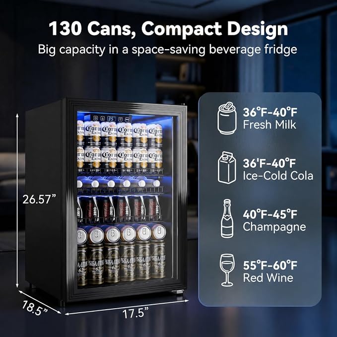 Beverage Refrigerator, 2.47 Cu.Ft Mini Fridge Beverage Cooler | Glass Door, 35–65°F Digital Temperature Display, Adjustable Shelves, Beverage Fridge for Soda, Beer & Wine - Image 2