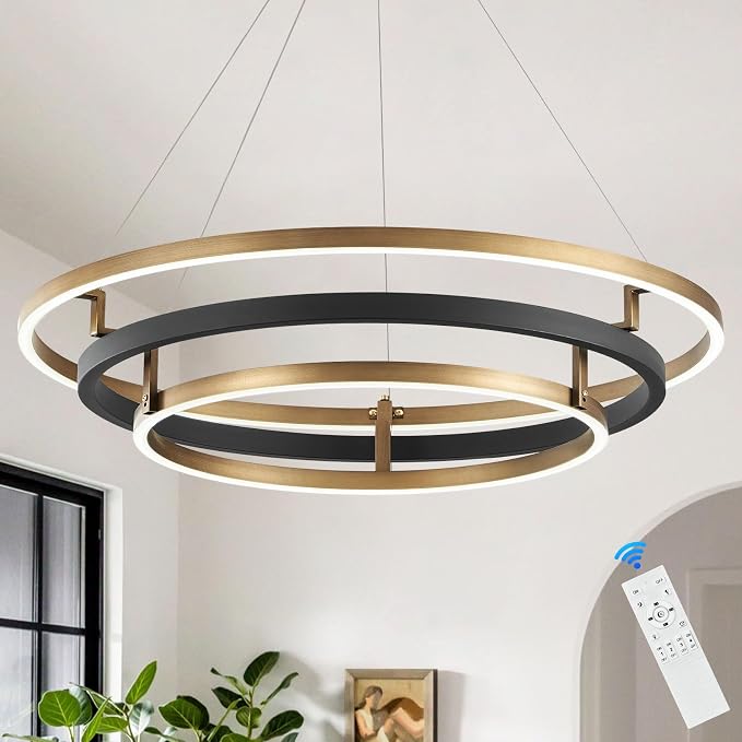 3 Ring LED Chandelier Black Gold Round Chandeliers Light Fixture 31in Dimmable by Aodoran