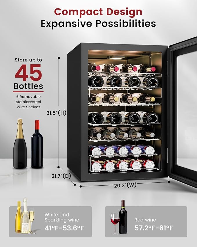 Feelfunn 45 Bottle Wine Cooler Refrigerator - Small Wine Fridge for Red, White, Champagne, Freestanding Wine Cellar with Glass Door & Digital Temperature Control for Home Bar, Office - Image 2