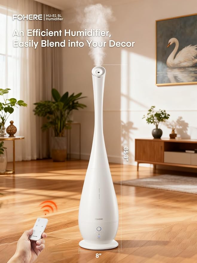 FOHERE Humidifiers for Bedroom Large Room, 5L Cool Mist Quiet Humidifier 48H Long Last for Indoor Plant, Baby, Home, Office with Humidity Sensor, Aroma Box, 3 Speed Settings, White - Image 7