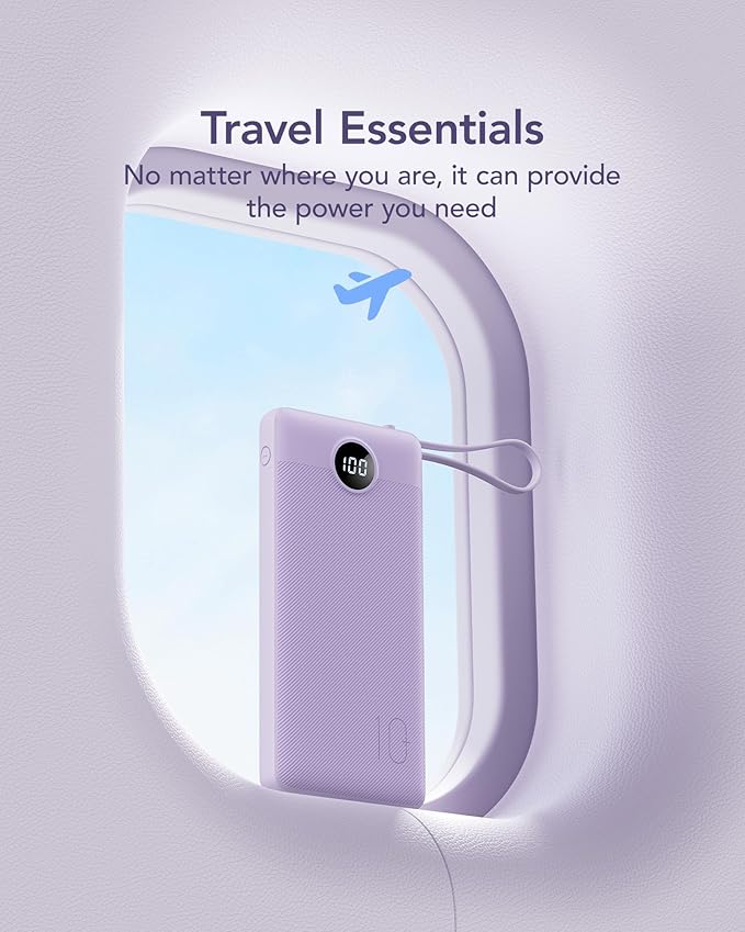 VRURC Portable Charger Power Bank, 10000mAh Travel Essentials Battery Pack, 5 Outputs 2 Inputs Slim Charging Bank Built-in Cables Cords for iPhone 17 16 15 14 13,Samsung,Android-Lavender(1 Pack) - Image 6