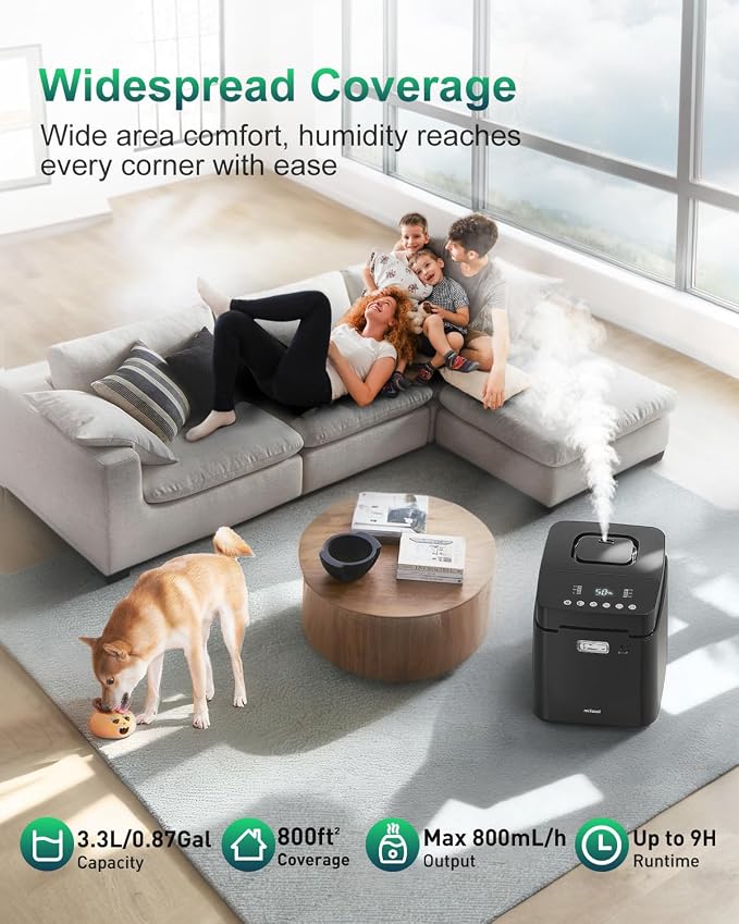 Mifasol Stainless Steel Humidifier, 3.3L/0.87Gal Steam Warm Mist Humidifiers for Bedroom 800 sq ft, Easy to Clean Humidifiers for Home, Dishwasher Safe Humidifier Large Room Baby Nursery Office, Black - Image 3