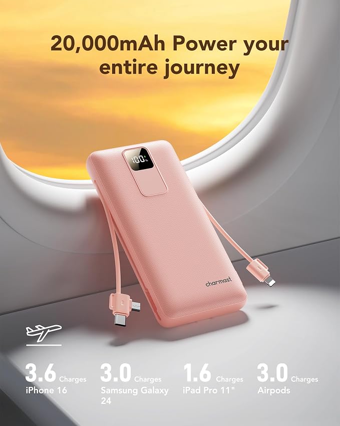 charmast 20000mAh Portable Charger with Wall Plug, Fast Charging Power Bank USB C, 20W PD Battery Pack with Built-in Cables Travel Essential for iPhone 16/15/14, Samsung, iPad More Devices (Pink) - Image 7