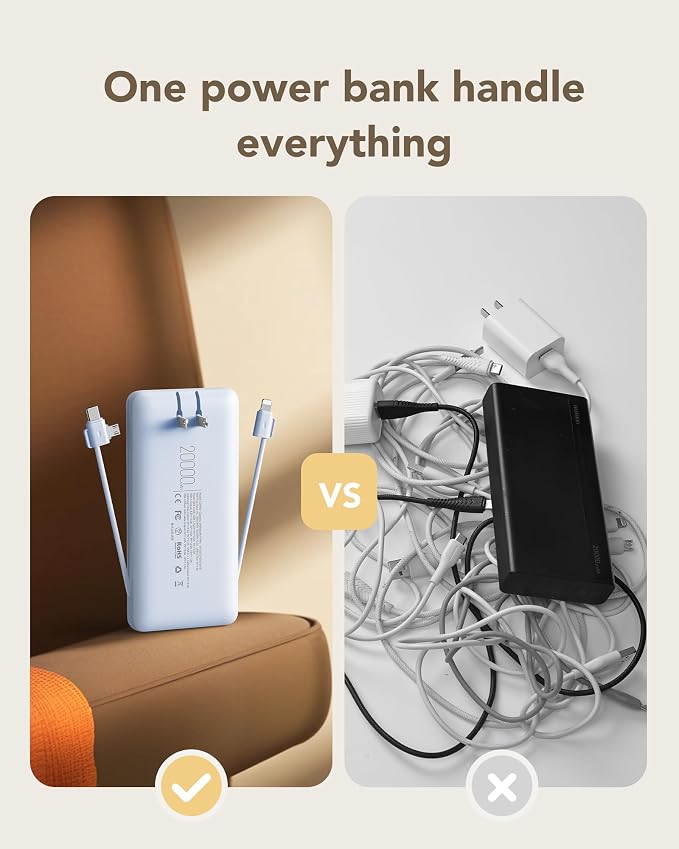 charmast 20000mAh Portable Charger with Built-in Cables & Wall Plug, 20W USB C Power Bank, Fast Charging Battery Pack Travel Essentials Compatible with iPhone 16/15/14 Series, Samsung, Google, iPad - Image 5