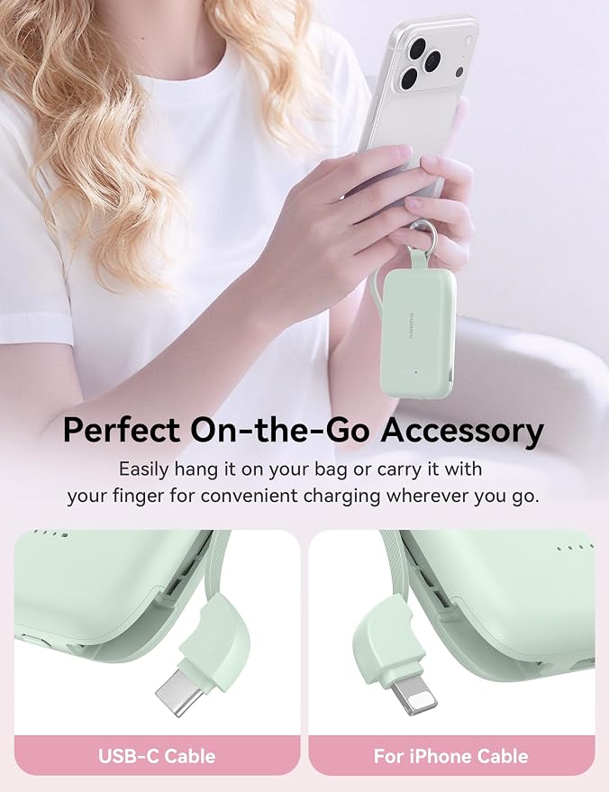 RORRY Portable Charger, 10000mAh PD 30W Fast Charging Portable Charger Power Bank with Built-in Cables, Travel Keychain Charger Battery Pack for iPhone 17/16/15/14/13/12, for AirPods 2/3/4/Pro, Green - Image 2