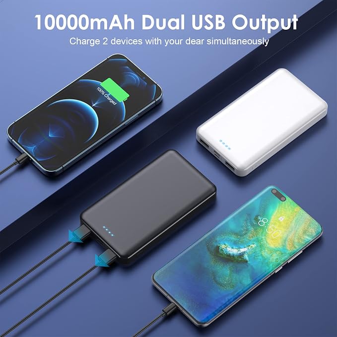 [2 Pack] Portable Charger Power Bank 10000mAh,Ultra Slim Compact External Battery Pack with USB C Input & Dual USB Outputs Backup Charger Compatible with iPhone 13,12, Samsung S20,Tablet -Black+White - Image 4